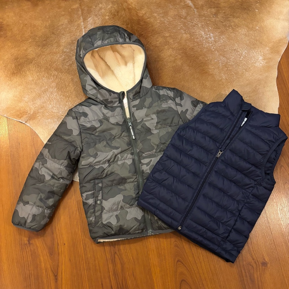 Camouflage Hooded Jacket and Navy Puffer Vest